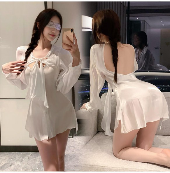 FEE ET MOI - Silky Lustre Boyfriend Tie Shirt (White)